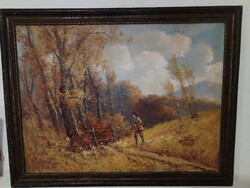 Neogrády Antal (1861-1942) - Vadász az őszi erdőben, hatalmas régi olajfestmény, karácsonyi aukció!