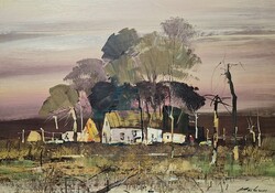 Ambrus Imre: Tanya (olajfestmény keretben) alföldi táj, parasztházak, Képcsarnok