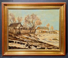 Nagy Attila: Hóolvadás, szép keretben! (zsűrizett olajfestmény) SolArt, vízparti házak, téli tájkép