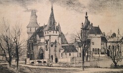 Gaál Domokos: Városliget (rézkarc) Vajdahunyad vára, parkrészlet, Budapest, Városligeti-tó