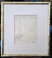 Gyenes Gitta rajz, hagyatéki pecséttel jelzett grafit ceruzarajz, szép keretben - arc, állatok