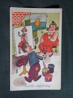 Képeslap,grafikai,művészet,az élethű festmény,vicc,humor,Rekord Bp. kiadás,1945-