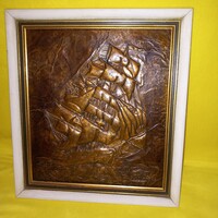 "Galeon ". Vitorlás hajó. Jelzett,Réz, domborműves kép. Réz falikép.