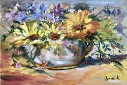 Virágok ünnepe.Kiemelkedően szép virágcsendélet. 30x20 cm, olaj farost!  Most 1 Ft-ról!
