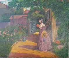 Balla József : Fiatal nő virágos kertben ,  életkép
