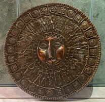 Retró jelzett fali fém dísz, nap ábrázolás Tormássy O jelzéssel bronz bevonattal 26 cm átmérővel.