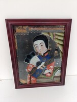 Antik japán kép üvegre festett elegáns kínai fali festmény gésa motívum keretben 530 5915