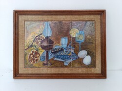 Antik csempe kerámia halas csendélet fali kép keretben 501 5892