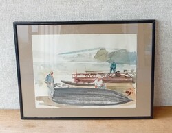 Csavlek András akvarell - Csónakjavítók.