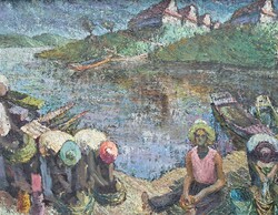 Rendkívüli remekmű! Vízparti életkép, 100x80 cm olaj-vászon