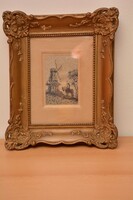 Különleges, nagyon antik tűgobelin kép Don Quijote a szélmalomnál, eredeti blondel keretében