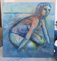 ALKALMI ÁR! Kortárs olajfestmény: Fürdőző akt 46 x 44 cm - színes modern kép, akt a vízben