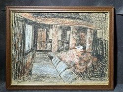 AKCIÓ! Enteriőr (keretezett színes ceruzarajz) hátoldalon: Portrévázlat - jelzés nélkül