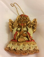 Régi festett, aranyozott viasz angyalka, karácsonyfadísz, mérete 6 x 4 cm