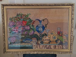 Hatalmas méretű, (90x65cm) jó témájú gobelin, gyönyörű keretben