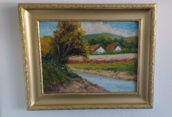 Tájkép, -Nagybányai táj Patakkal- Szignózott, Kvalitásos Olajfestmény, Keretben