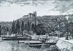 Jurida Károly: Tihanyi kikötő, háttérben az apátsággal (rézkarc) Balaton, tájkép, hajók