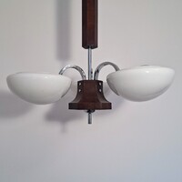 Art deco 3 karos /króm - fa kombináció/ csillár felújítva - tejüveg ernyők
