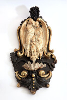 1855. Szenteltvíztartó Faragott Tajték Angyalpár a Gyermek Jézussal 45x22cm | Angyalok Kagyló