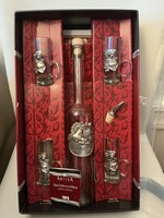 Artina pálinka pálinkás snapsz szett 4 pohár 1 üveg kiöntővel üveg és ón