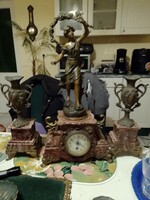 Antik Napóleon korabeli Empire asztali kandallóóra 2 db gyertyatartóval