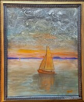 Prima díjas művésztől ﻿2 db Balatonos  domborított vászonkép.együtt. Károlyfi Zsófia (1952-)