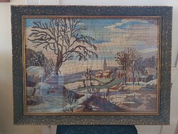 Nagy méretű, (84x63cm) jó témájú gobelin, gyönyörű keretben