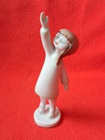 Hollóházi integető kislány porcelán figura, Káldor Aurél
