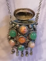 Vintage zöld jade narancs achat pénztárca ezüst színű, méreg medál