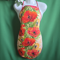 Virágos, pipacs mintás pamut konyhai kötény piros pamut szegéllyel