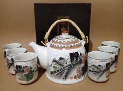 Vintage 6 személyes kínai Nagy Fal mintás jelzett porcelán teás készlet csésze kanna saját dobozában