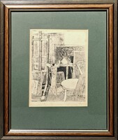 Ábrahám Rafael: Enteriőr, szép keretben! (aláírt rézkarc) Műteremben