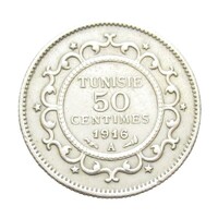 Tunézia,50 centimes 1916 - 1335 típus EF+ ezüst 2.50g835