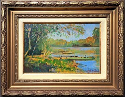 Hadházy Molnár Attila: Bodrog parton, szép keretben! (olajfestmény) Nyár a folyóparton, csónakokkal