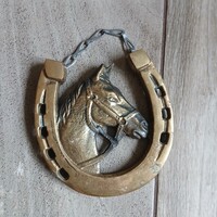 Szép régi réz patkós-lovas falidísz (12,5x11,2 cm)