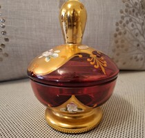 Vitrin állapotú cseh bordó üveg bonbonier 15cm