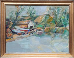 Kádár János Miklós (1939-) : Vízparti ház,Képcsarnokos, 60x80 cm.