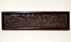 Régi vintage kínai keleti galvanoplasztika fém réz bronz fali kép relief dombor falikép fa keretben