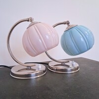 Art deco nikkelezett asztali lámpa pár felújítva - különleges formájú világoskék és rózsaszín ernyő