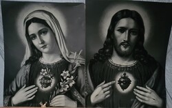 Szent Szív Jézus és Mária olajnyomat papíron 1950 körül szép állapotú keretezhető keresztény emlék