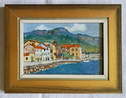 Kovács Sándor "Tengerparti házak" c. keretezett tűzzománc ingyen postával