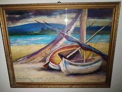 Vén Emil (1902-1984) - Hajók a parton - olajfestmény,ajánlással.