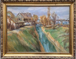 Udvary Pál (1900-1987): Rózsavölgyi patak,Budapest,  Képcsarnokos, 60x80 cm.