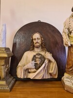 Odaadó Szent Szív Jézus Krisztus hatalmas festett gipsz dombormű boltíves fatáblán 1940 körül