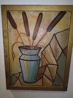 Gyönyörű, régi olajfestmény, csendélet bambuszokkal. Venard jelzéssel.