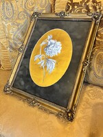 Bársony rózsa, grafika és arany akril blondell keretben