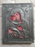 Mária és Kis Jézus Ikon 950-es ezüst okláddal antik falikép 1950 körül