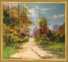 Sétány a lombok között c. Kortárs olajfestmény -képkerettel-