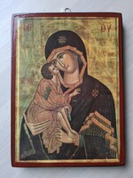 Mária és Kis Jézus fatáblára kasirozott Ikon falikép újszerű állapotban