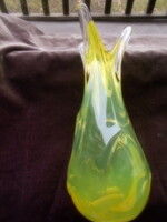 Uránzöld színű vastag üveg  váza - szép kézműves, masszív darab. 28 cm